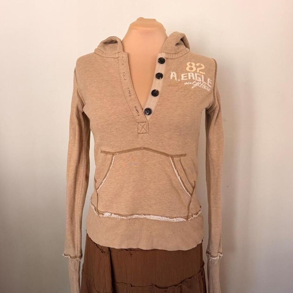 Y2K Vintage American Eagle Outfitters Oatmeal 82 Henley Hoodie Size S